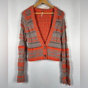 Free People Open Knit Cardigan Vibrant Orange Gray Stripe Beachy Layering M